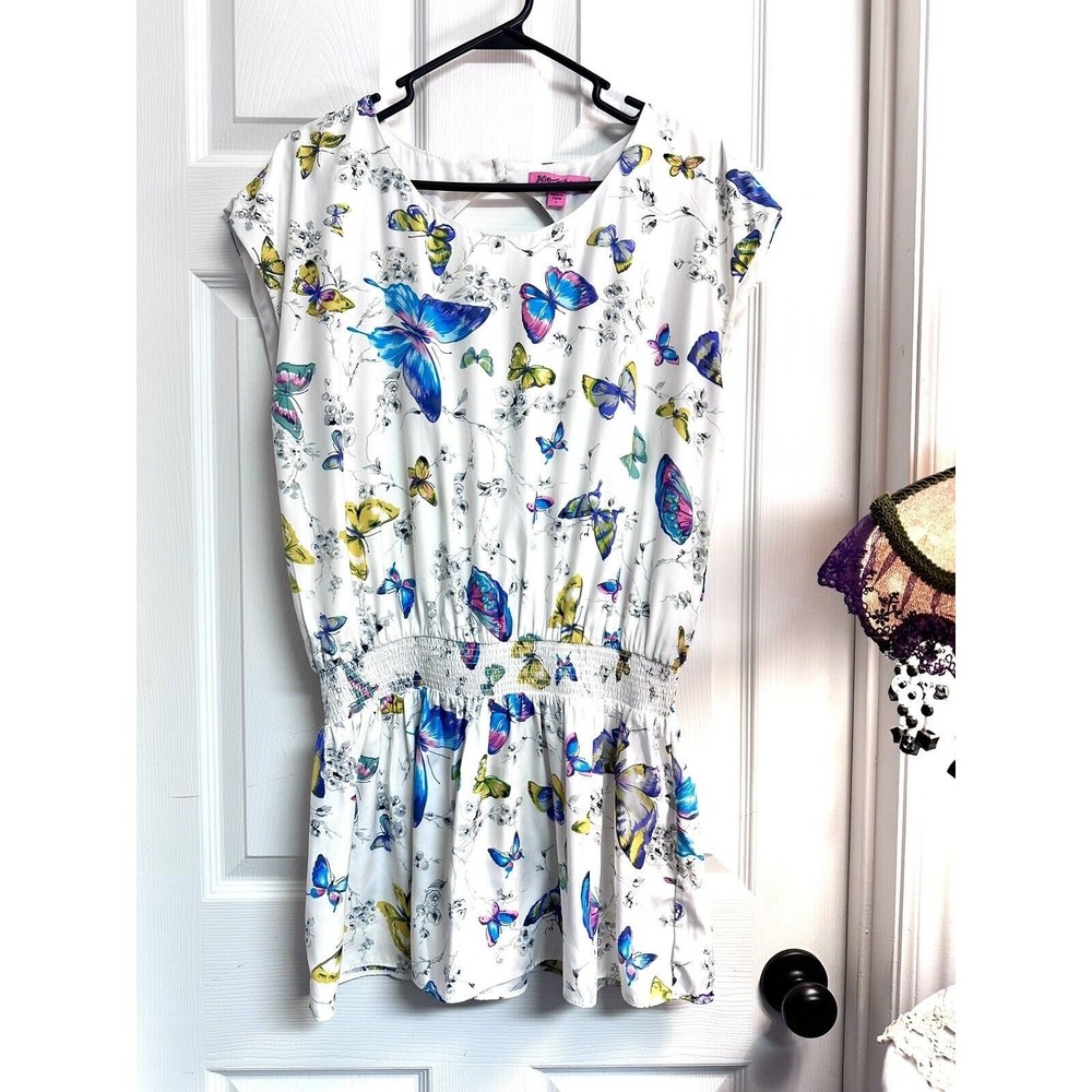 Betsey Johnson Silk Lined Butterfly Peplum Top Blouse With Keyhole Back Sz L